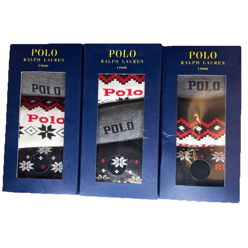 3X Polo Ralph Lauren Holiday Gift Box 3 Pair RL Spellout Socks Shoe Size 4- 10.5